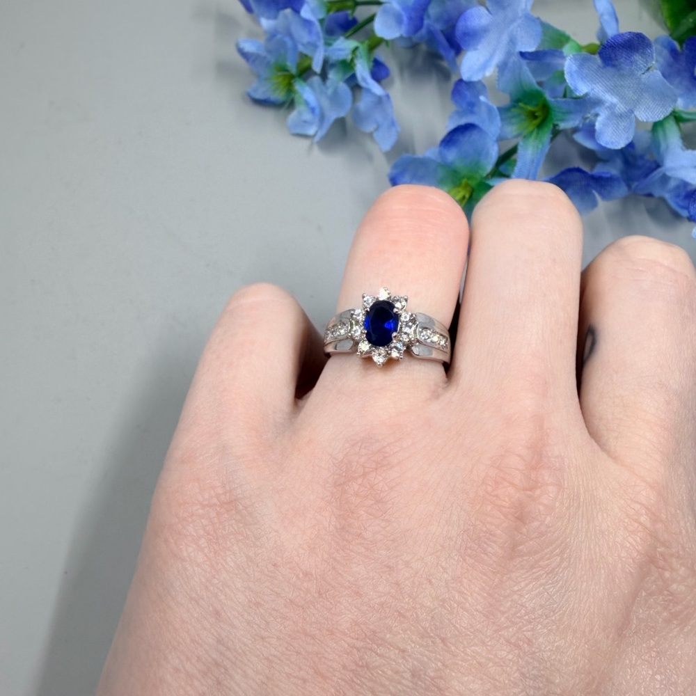 Sterling-Inspired Silver Ring with Deep Blue Center Stone
